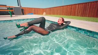 Mariela's Dip in the Pool Wearing a Sexy Mesh Catsuit