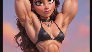 A muscular animated bodybuilder babe shows us her hairy armpits and muscles as she poses for you copy