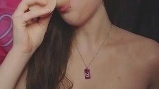 Brunette girl sucks and worships the dildo she fucked herself with