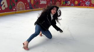 Flip flops on ice, high heels on ice rink, flip flops on ice rink, sandals on ice, girl on high heels walking on ice, high heels sliding