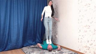 Teen aged brunette in white sneakers steps and jumps on her friend, vf2197x 1080p