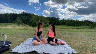 Romantic picnic, lesbian sex in the wild