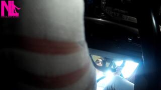 Driving in white transparent socks and white jeans