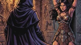 Fantasy art of hot Barbarian Body builder women chained in a dungeon in BDSM bondage as they are interrogated