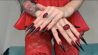HOT black color long nails, sharp claws, red lingerie, stockings and tearing my black stockings with my nails