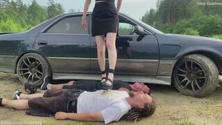 Trample My two slaves right next to the road