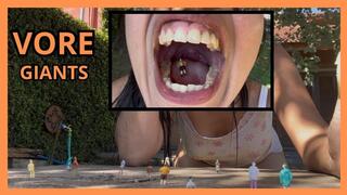 Little men fight with a giant, and she eats them.