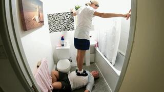 Schoolgirl Danielle Tramples Her Slave In The Bathroom