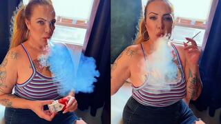 Custom - Smoking in my room wearing a denim mini skirt, ponytail, and natural light - Marlboro Reds 100