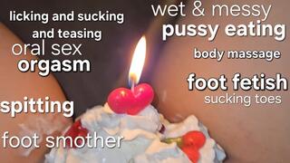 Colourful holidays lights and hearts candies on wet pussy with whipped cream on, foot fetish, eating pussy, spitting, foot worship and foot smother and erotic teasing with sucking and licking with Miss GospodaricaEmma and Her Alpha man Wolfy01