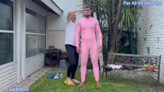 Tony physical condition is evaluated in pink suit (workout and tickle)