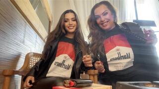 Marlboro girls coughing smoking Marlboro red 100s in leather!