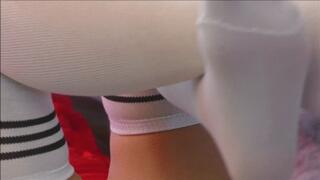 orgasm fucking glass sex toy & masturbating with panties pulled down in short red dress by Xmas tree