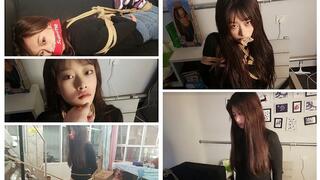 C4SDomination25 jasmine tape gag ballgagged jeans hogtied shibari struggle rope bondage