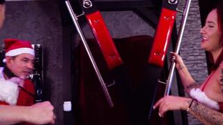 Santa Claus gets his ass spanked by two Christmas ladies