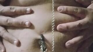 outie belly button in leather jacket