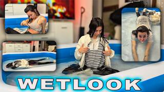 Cute girl fully clothed in jeans, white socks & leather jacket dives into 1500L home pool - heavy soaked outfit clings, white cotton layers transparent, nipples through wet look bra, panties hug pussy, wet feet heels socks, playful strip and swim