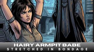 A sexy space captain woman with bushy hairy armpits is captured in tight bondage as she is stretched in BDSM by evil alien master