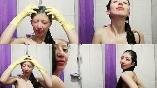 Morning ShowerClean Fetish New Rubber Gloves and Long Hair Play