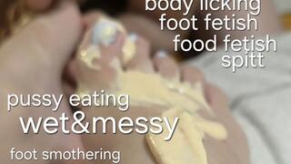 Pussy eating, wet & messy, food fetish and foot fetish, licking, sucking toes, foot smother, foot worship with Miss GospodaricaEmma and Her Alpha man Wolfy01