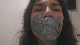 Putting a x with pvc tape on my mouth to gag, fighting and moaning till remove