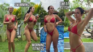 Morning Fitness in hot Bikini, Sweating, Swimming