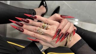 RED color Long nails, sharp stilettos, palms, long fingers and hands worship