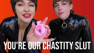 Latex Double Domme POV: Chastity On, Trans Cock Down Your Throat
