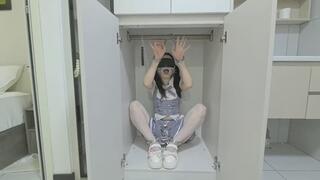 Metal shackles, chastity lock, vibration restraint placement