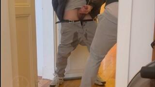 Simon forgot his keys and was desperate to pee. His flatmate Jules decided to leave him at the door and watch him wet himself... But when he finally gets in, Simon gets his revenge!