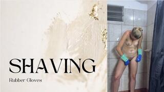 shaving in multicolored rubber gloves