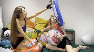 Nastya and Alina blowing by mouth many inflatables and beach balls