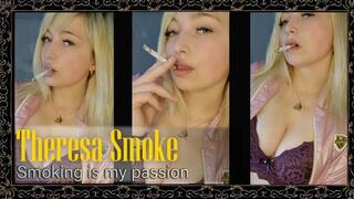 Theresa Smoke slowly smokes a cigarette in a pink jacket, teasing you with an intense close-up view of her full boobs in a Bordeaux bra