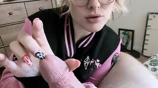 Preppy Girl Shoves Earrings in His Dick While Sucking