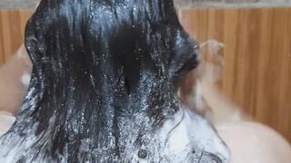 Washing hair with lots of shampoo