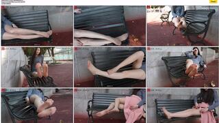 After class, Xiaowen, wearing sexy sheer skin-colored stockings, sat on a bench on campus, showing off her long legs and beautiful feet.