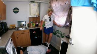 Danielle Chunky Mary Jane Shoes Walking Trample On His Hands Fingers & Head In The Kitchen