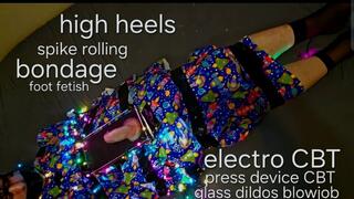 Bondage clip with CBT electro, CBT press device, spike roller, spit and verbal humiliation, high heels fetish, cock trample, foot worship and dildos glass blowjob with Domme GospodaricaEmma and Her slave Wolfy01