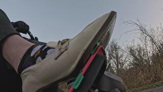 Electric Lamborghini-Segway Pedal Pumping by BBW Rebu with Her NEW Tory Burch Elegant White Loafer-Pumps. NO AI, ALL REAL MODELS, 100% DISABILITY-OWNED & OPERATED BY MADISON LOCALS