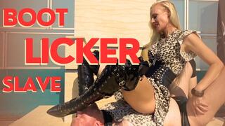 Bootlicker slave training - By Mistress Nicole van Kuppeck with thigh high black boots worship and faceslapping.