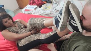 Cruel Brazilian Brunette Make Pathetic Slave to Suck Her Red Toenails & Lick Her Sweaty Soles