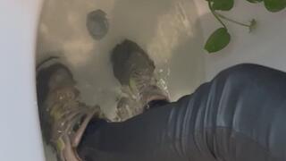 Wet look trousers, Jordan sneakers , bath and fun