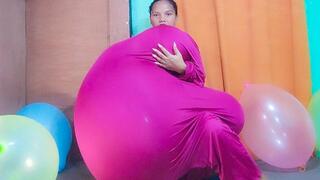 Sexy Juju Stuffs Her Oversized Marroon Jumper With Boobs Butts And Tummy Then Sits To Pop Balloons