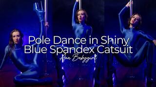 Pole Dance in Shiny Blue Spandex Catsuit