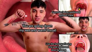 Macro vore Joeng swallows tiny person with open mouth jumping to his anaconda throat