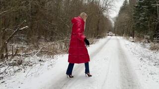 High heels mules on ice, high heels on ice, high heels in snow, girl walking on high heels on ice, slippery high heels