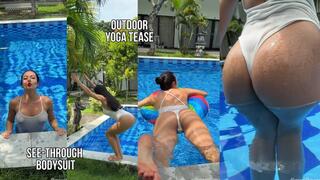 Outdoor Yoga Tree Pose & Tease in See-Through Bodysuit in the Pool