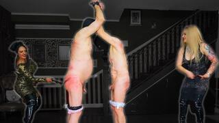 Double Whipping and humiliation, sissies punished and made to kiss by Matriarch Ezada Sinn and Lilse Von Hitte