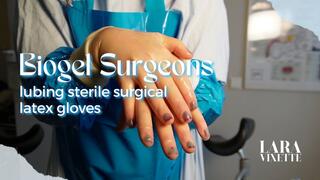 Dr. Lara Vixette gloving up sterile Biogel Surgeons surgical latex gloves