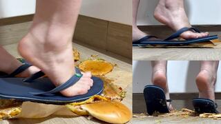 FLIP-FLOP CRUSH! Casual Video of Sexy Soles DESTROYING Chicken Burgers 1080 HD